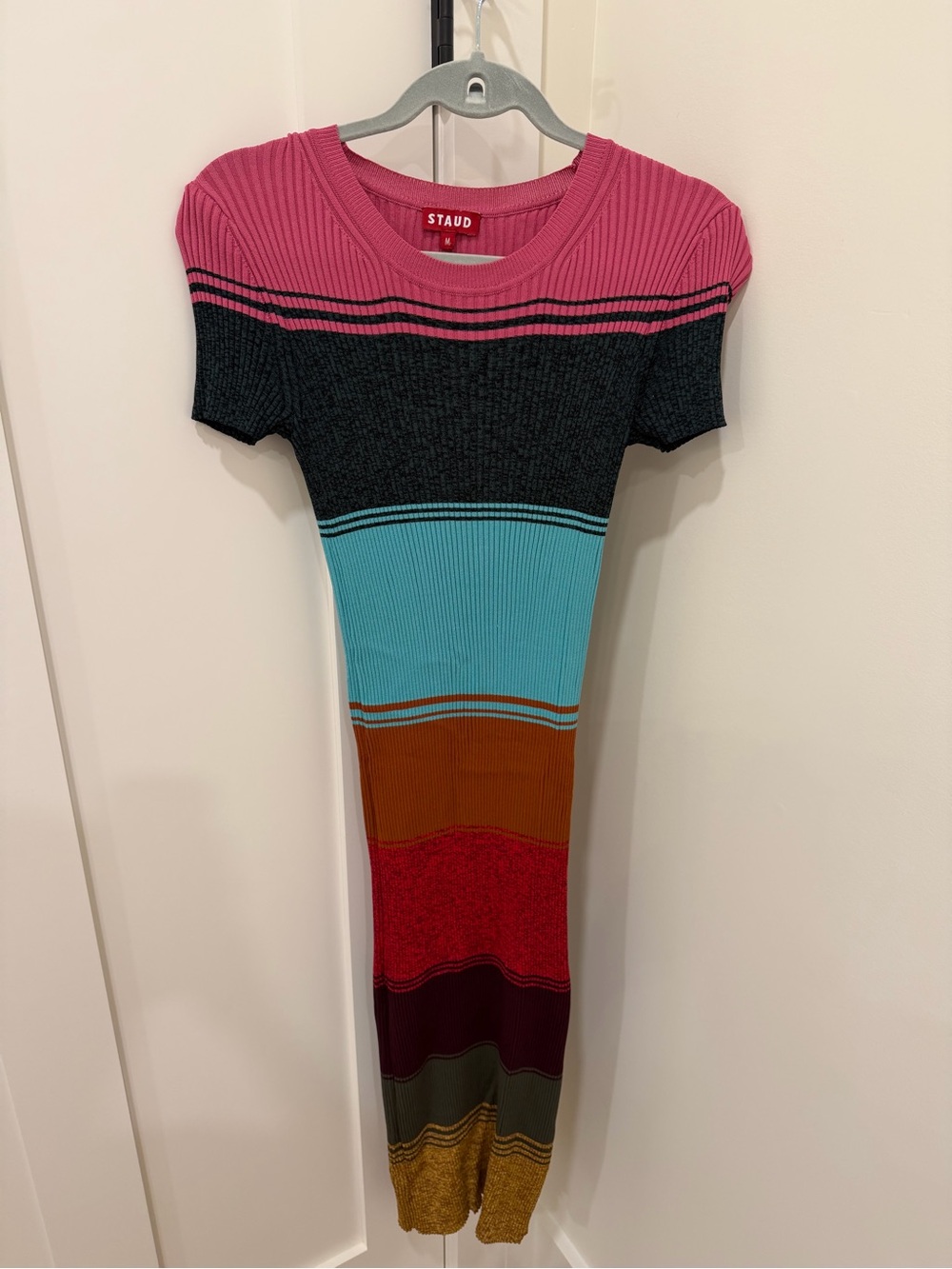 STAUD Colorblock Ribbed Midi Dress in Pink, Black, Aqua and Rust
